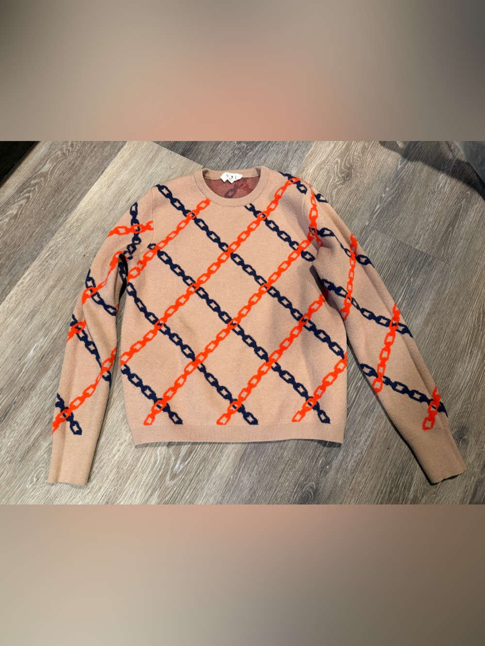 THML Beige Crewneck Sweater with Orange & Navy Chain Print